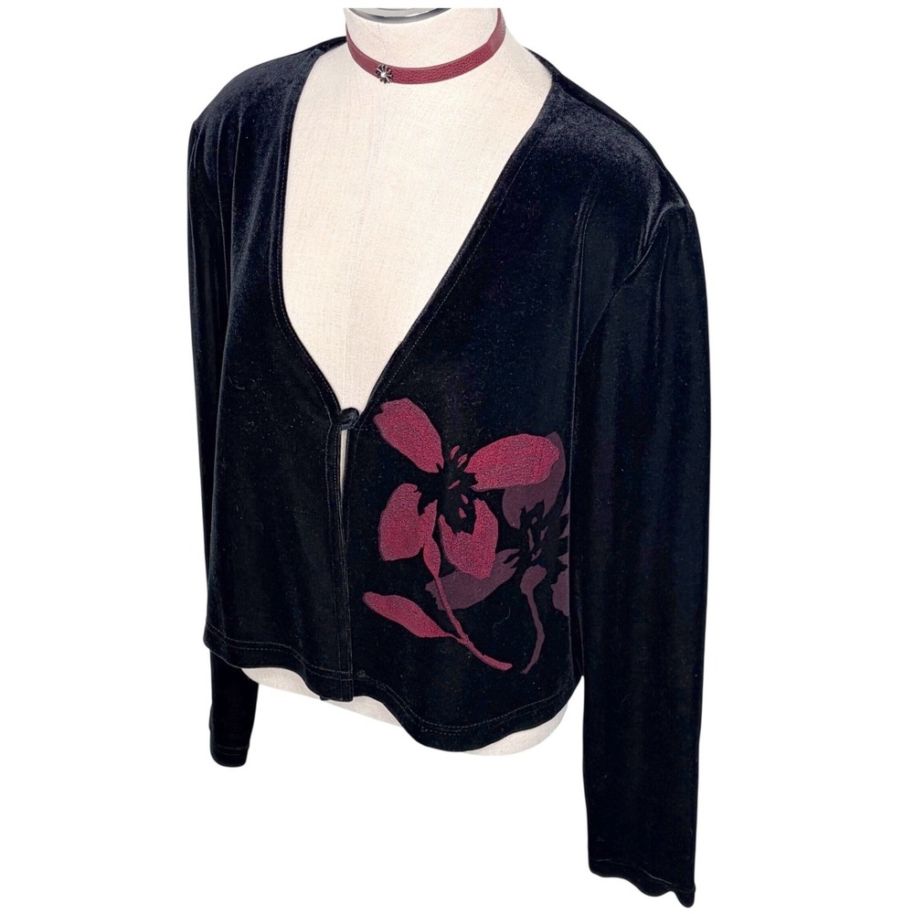 Y2K Donna Ricco Cardigan Top 16 Black Velvet Floral Single Button 90s Whimsigoth
